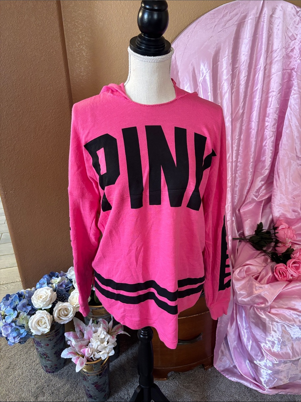 PINK Victoria's Secret Hot Pink Hooded Pullover with Black Logo
